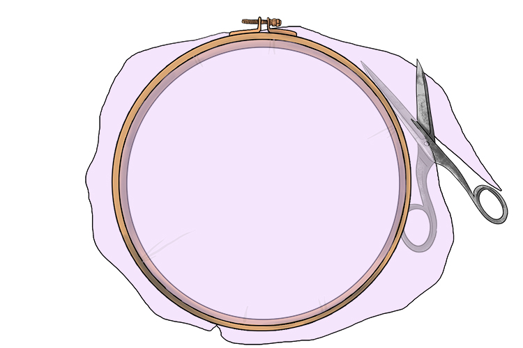 Next, fit your sheer curtain panel into the embroidery hoop, making sure it's nice and tight and cut off the excess. 