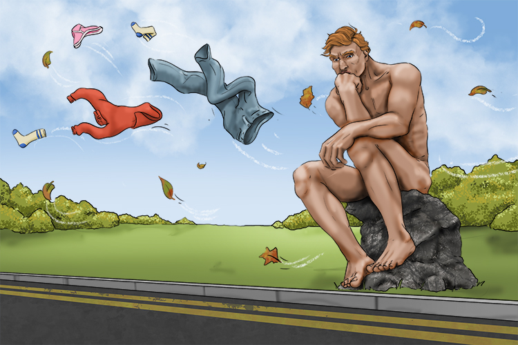 A gust (Auguste) of wind blew off all of his clothes and so he sat down by the road and (Rodin) had a think (The Thinker) about his situation.