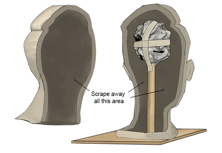 Now scrape away the clay inside your sculpture. You should be aiming to have the walls of your bust no thicker than an inch to ensure the clay dries and fires evenly