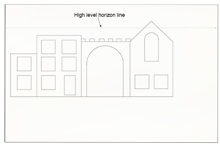 Start by drawing the front facing 2D shape of the house. Choose a horizon line towards the top of the page and mark out a vanishing point to the right hand side.