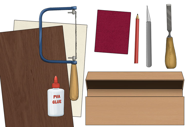 You will need a chisel, craft knife, pencil, paper, coping saw, sand paper, wood glue, 5mm thick sheet of wood (make sure the colour contrasts with the colour of your box), simple wooden box (can usually be found in arts and craft shops).
