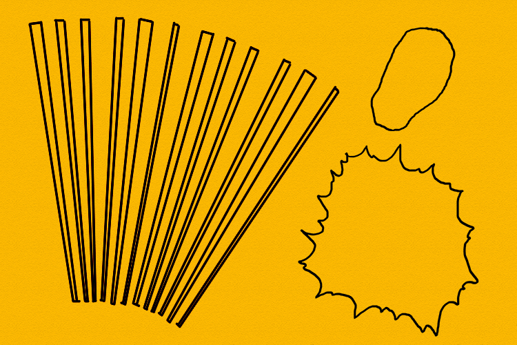 On the yellow card, draw around 12 strips, all thick and one end and thin at the other, another spiked shape, with shallower spikes than the previous one and a slightly larger smooth shape.