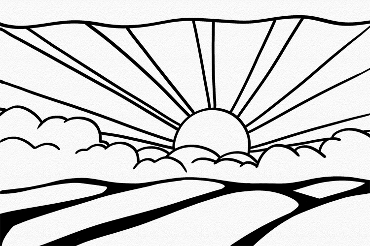 Next, go around the outlines of your sun, rays, clouds and ground in a thick black line, a thick marker pen would be best to use. Draw thick lines on the ground to give the impression on shadows. Once the ink is dry, erase the pencil lines.