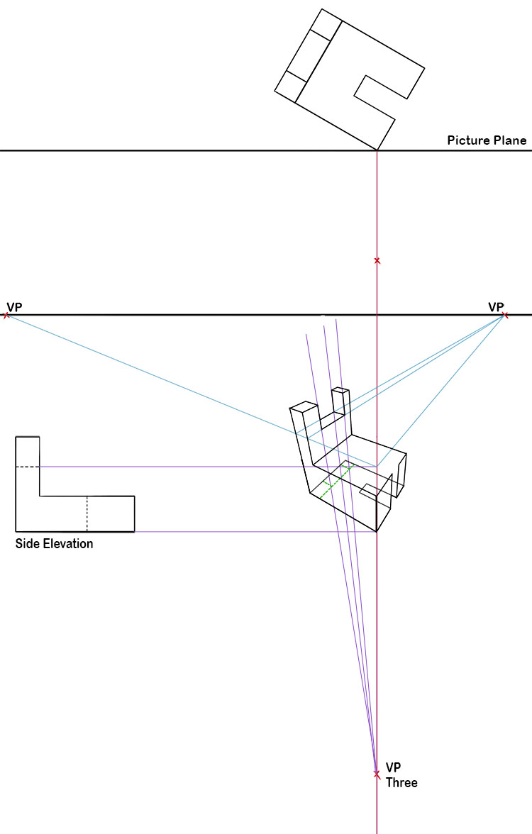 We can draw an extra line out from our side elevation and draw vanishing point lines from where it meets our vertical line. We can then use these vanishing point lines to fill in the rest of the cut out on the raised section