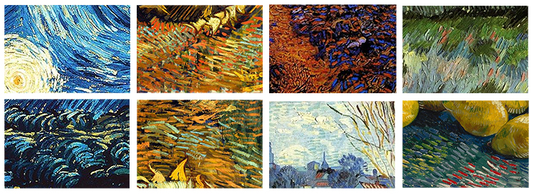 As you can see on the close-ups below, the long rectangles of colour Van Gogh painted are very clear.