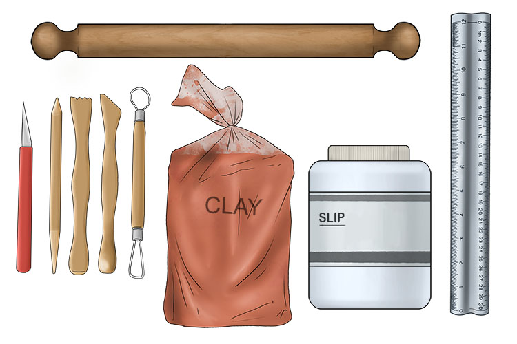 You will need some earthenware clay, a rolling pin, a ruler, clay carving tools and white slip