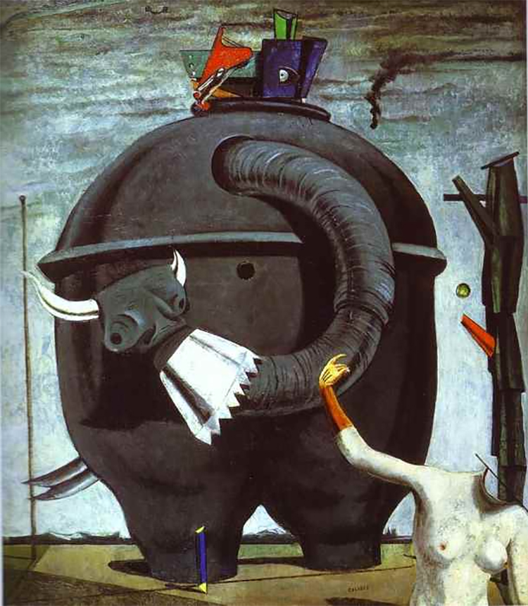 Max Ernst "Celebes" (1921) is a giant mechanical elephant with a corn bin and mannequin. 