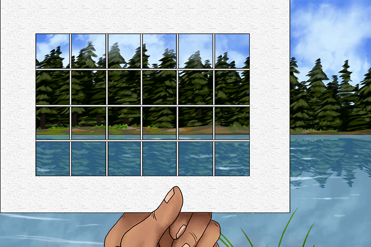 For this project, you will need to create and use a viewfinder, explained in the Mammoth Memory en plain air section. Once you have your viewfinder, use it to select a section of landscape to draw.