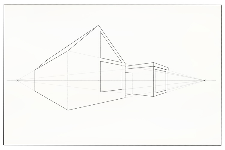 Draw the verticals for some large windows and join them together using the vanishing points as guides.