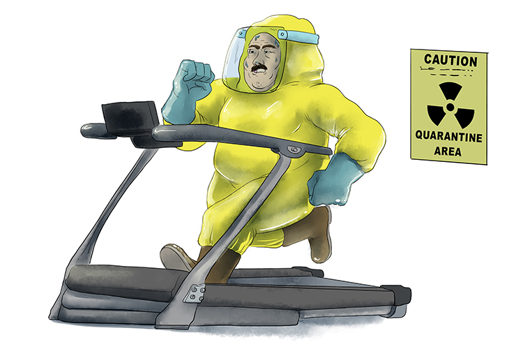 While in quarantine patients ran on a treadmill to stay fit.