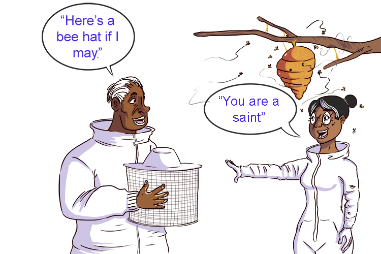 "Here's a bee hat if I may (beatify)."  "Oh my, you are a saint"