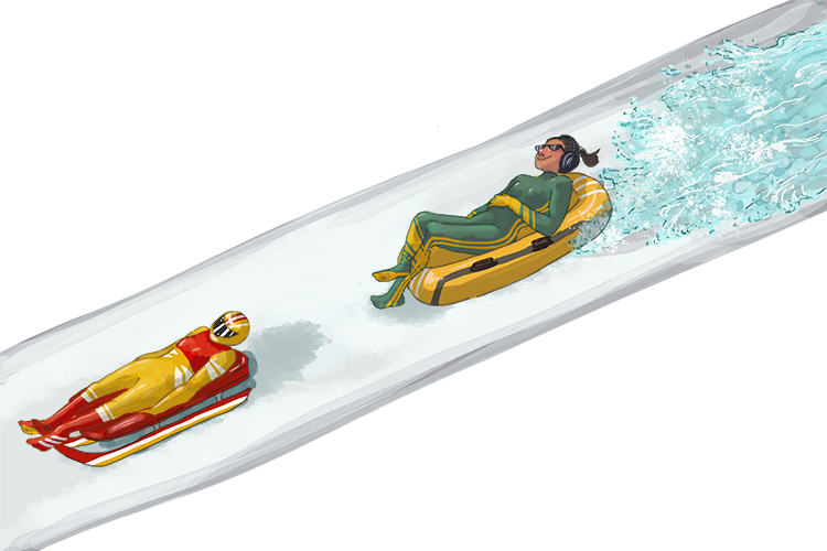 The luge course was suddenly flooding and the luge racer was just about to be overwhelmed with the flood.