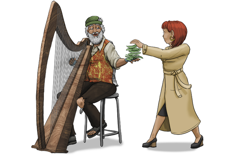 She filled the hand thrust out by the harpist (philanthropist) with money. She wanted to promote his welfare with a generous donation.