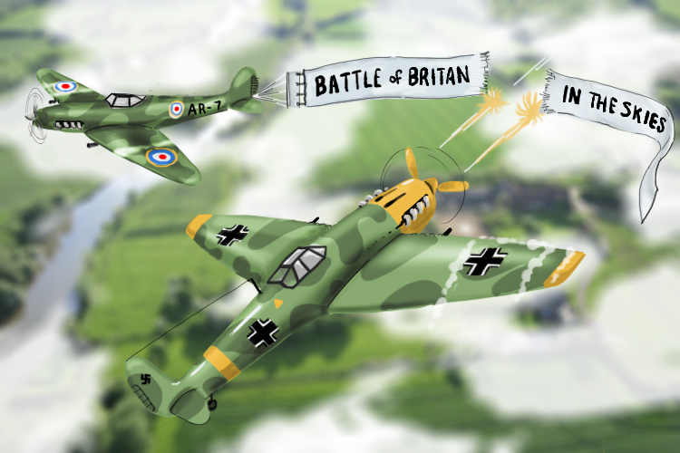 Battle of britain but the messerschmitt has blown off the end of the message "In the skies". Battle of Britain was fought in the skies over Britain.