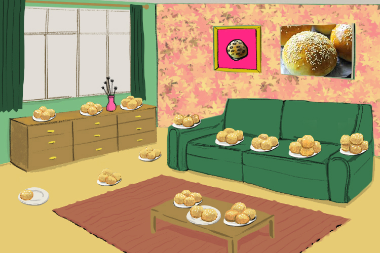 She lay all the buns around the room (lebensraum) - they took up all the living space.
