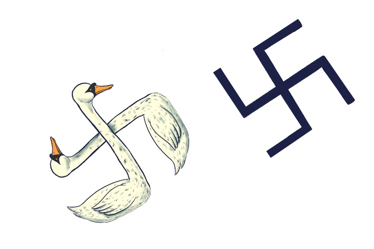 Two swan stickers (swastika) in the shape of the Nazi emblem.