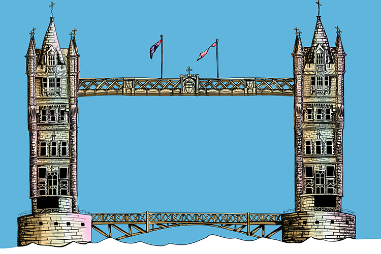 The towers on tower bridge are perpendicular to the road