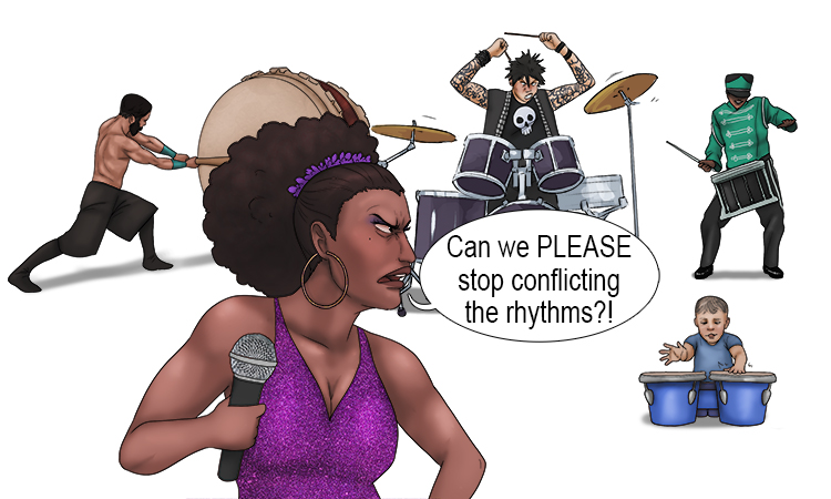 The singer was cross because the rhythms (cross rhythm) that the drummers were playing were conflicting.