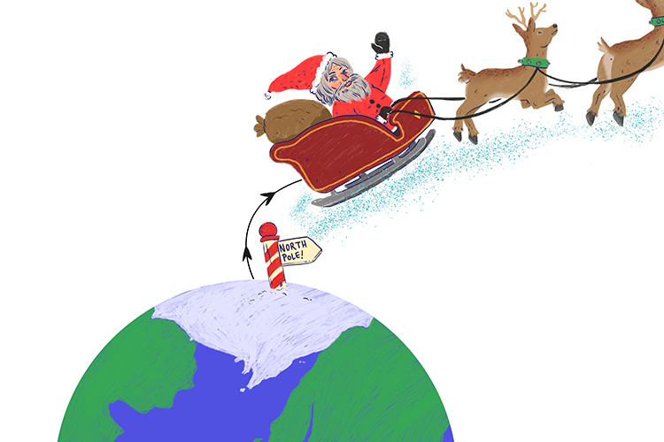 Santa travels from the north pole.