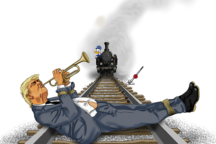 As the train sped along the rail (45) tracks the President played his trumpet (Trump) hoping someone would pull the stick (017=2017) to divert the train.