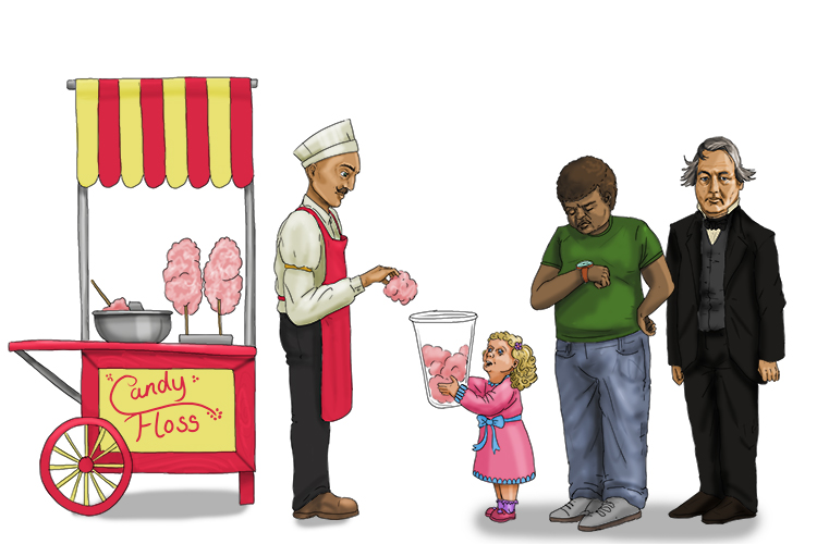 It was taking a long time (13) for the candy man to fill more (Fillmore) of her container with candy floss (850 = 1850).