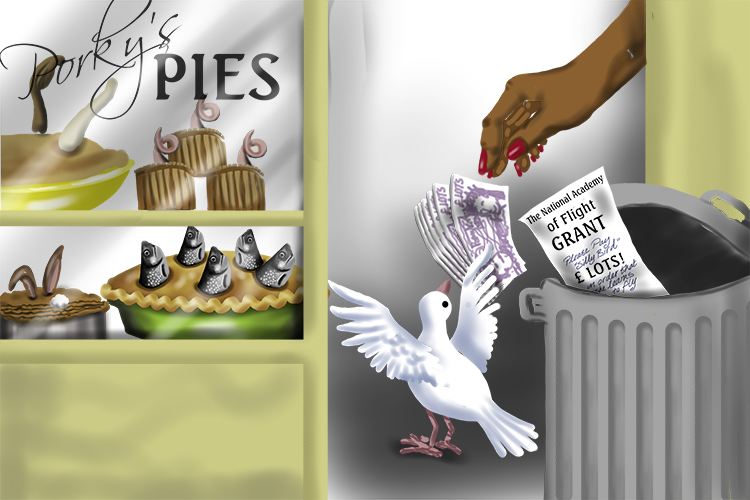 The dove (18) received a grant (Grant) to learn to fly, but she spent it on a fish pie (869=1869).