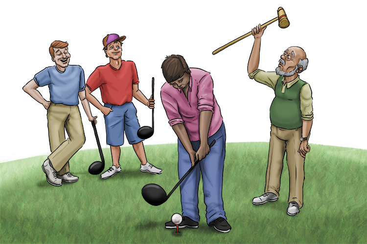 But a quarter of the golf club players (one of the players) has been using a croquet (crotchety) mallet instead of a club.