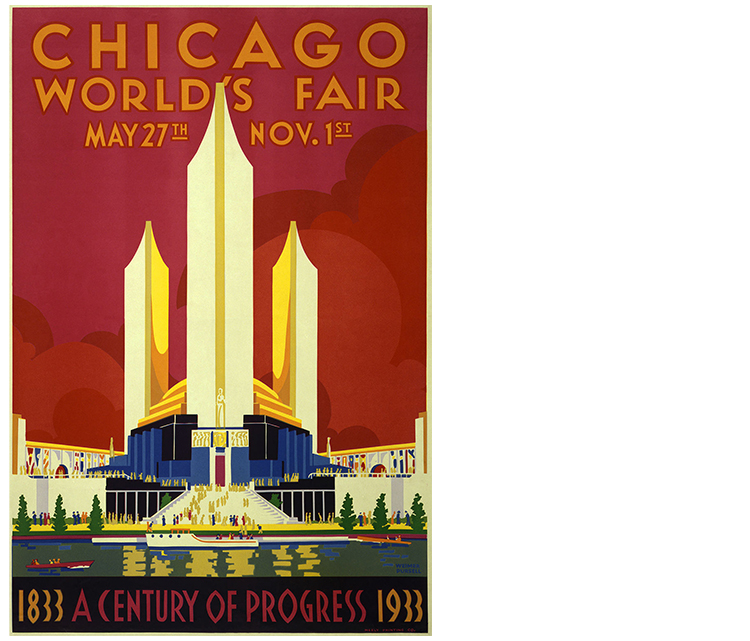 Poster for Century of Progress World's Fair showing exhibition buildings with boats on water in foreground.
