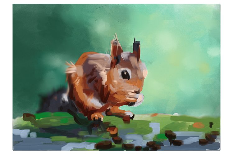 Using a dry brush, you can soften the edges of some areas, as we have with the squirrel's tail.