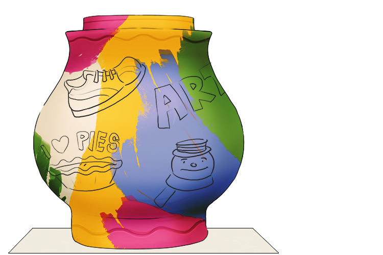 Paint the pot a bright colour then draw draw your ideas with pencil onto the surface of the vessel.