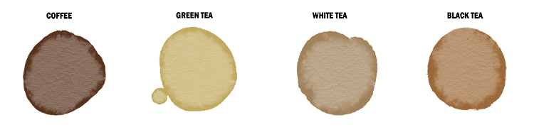 As you can see below, Coffee grounds create a rich brown (varying depending on the amount of coffee added). The three teas: green tea, black tea and white tea, create more subtle variations of a lighter brown.