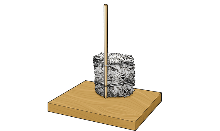 Place the foil block next to the dowel on the base and secure it to the dowel using wire.