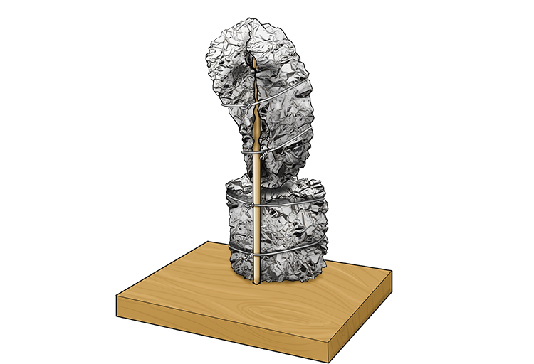 We can repeat the process for this area, using a sausage shaped mass of foil coming from the top of the stone he is sat on and enveloping the top of the dowel slightly.