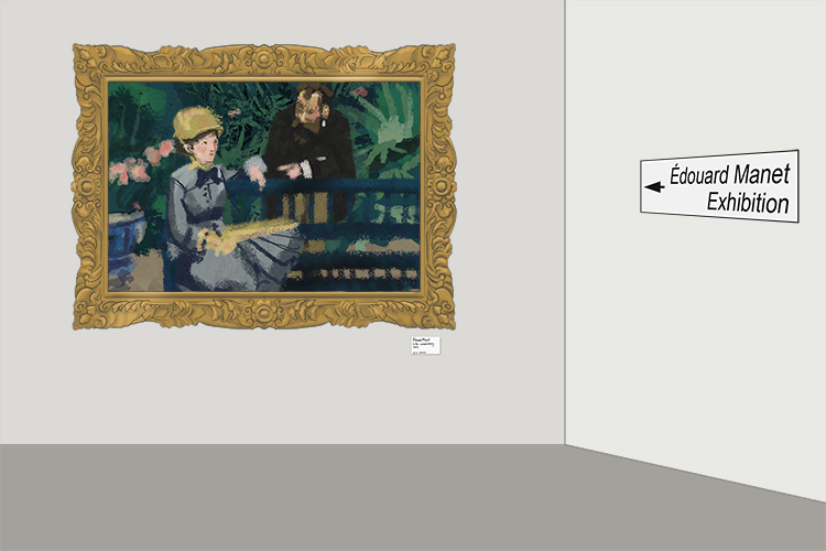 In a gallery, head towards (Éduard) the paintings of a man and a (Manet) woman in an impressionist style.