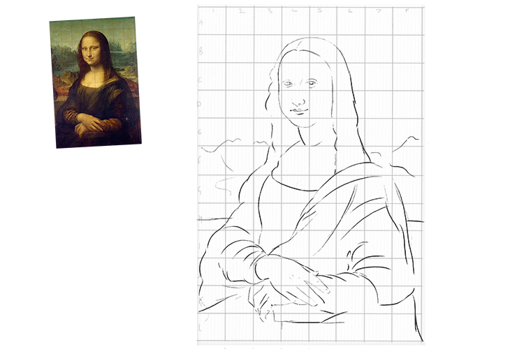 Use the Mammoth Memory grid method to draw a simple outline of the Mona Lisa onto your canvas.