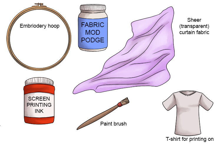 You will need an embroidery hoop, fabric mod podge, sheer curtain panel, screen printing ink, a paint brush and something to print onto for example a t-shirt or tote bag.