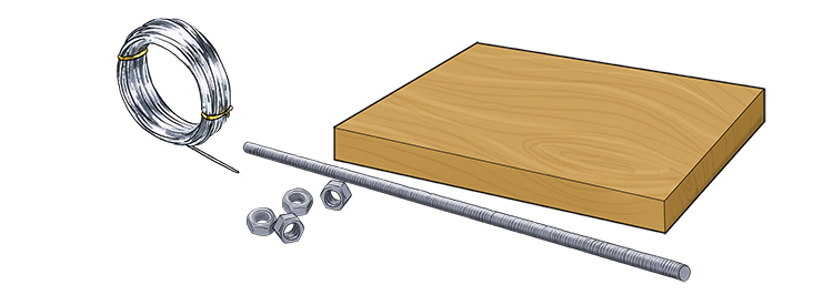 To begin, you will need a wooden baseboard around 300mm thick, your 3mm gauge wire and four nuts and bolts