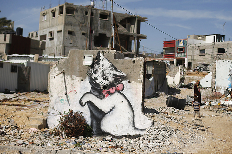 Banksy was so frustrated that no one is discussing the major problems in the Gaza Strip and that the worlds public would rather be discussing pretty pictures of kittens,