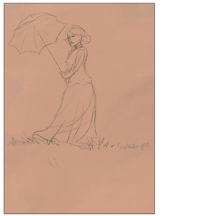 Firstly, sketch out what you would like to draw. It can be a copy of Monet's Woman with a Parasol, or you can create your own theme. We're going to draw a simplified version of Monet's work.