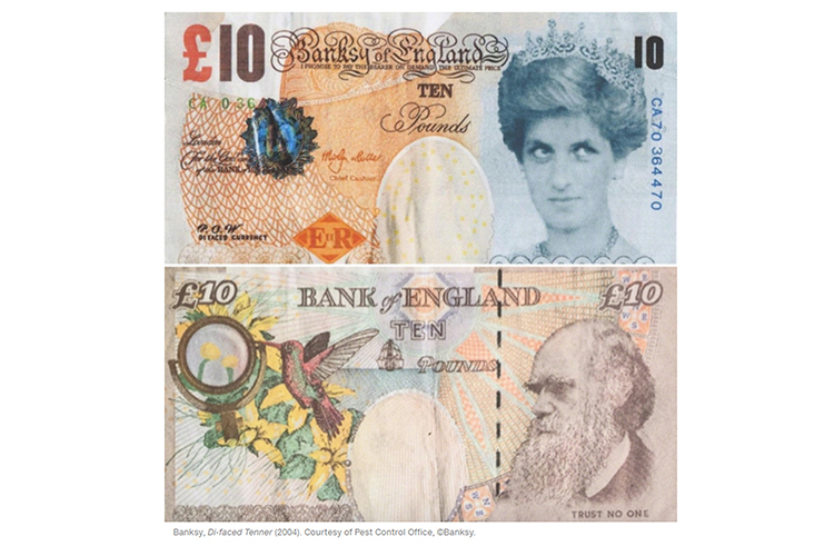 Banksy defacing English banknote.