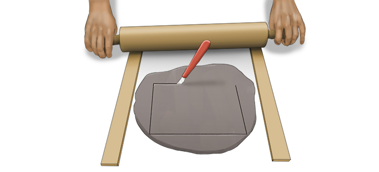 Roll out your clay between two wooden rulers to get a level thickness and cut it into the shape you would like your tile