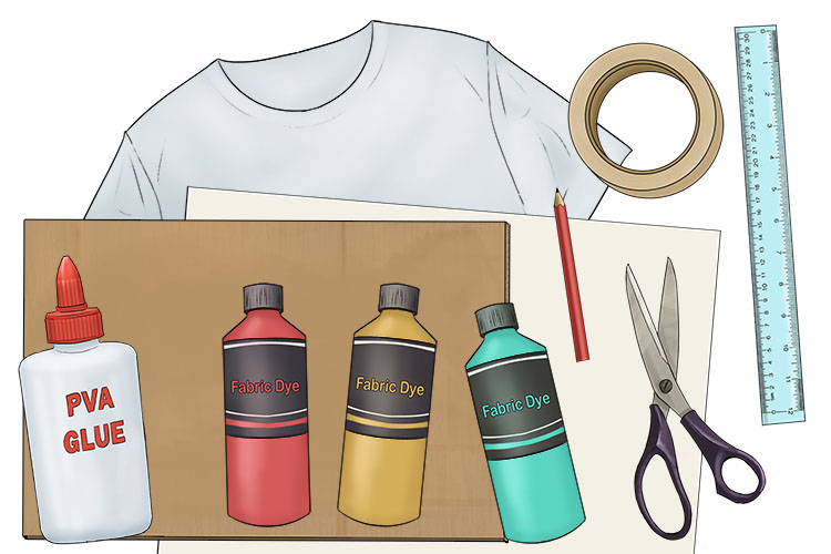 You will need PVA glue, scissors, a pencil, paper, tape, cardboard, coloured dye (make sure it's a dye that can withstand washing) and a plain white t-shirt