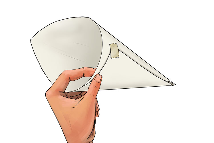 Now roll the piece of paper over to make a cone shape, making sure there's a small hole at the bottom, then tape the paper in place. This will act as your canting for your glue