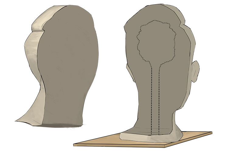 When the sculpture is leather hard (dry enough to hold it's shape when handled but still has enough moisture to be trimmed, carved, smoothed and scored) we can hollow out the bust and remove the armature. To start, cut the sculpture in two vertically usin