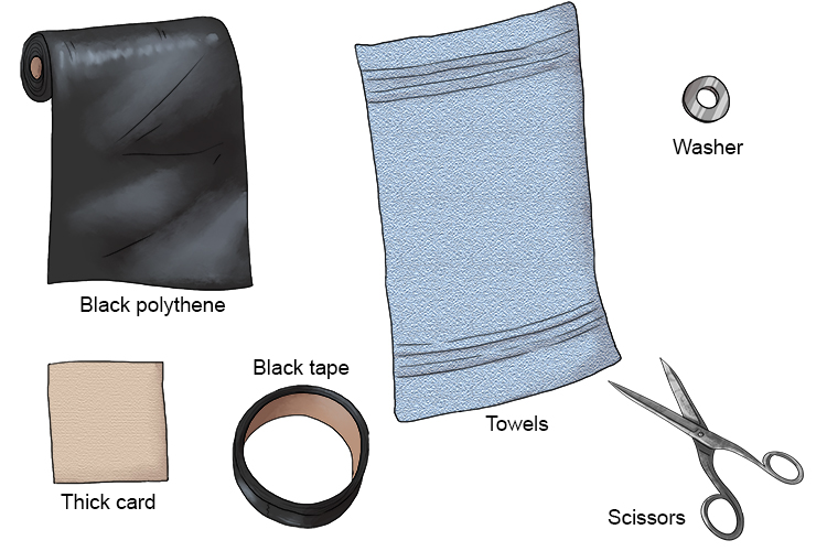 You will need, opaque black polythene, washers, scissors, black tape, a small piece of thick card and towels.