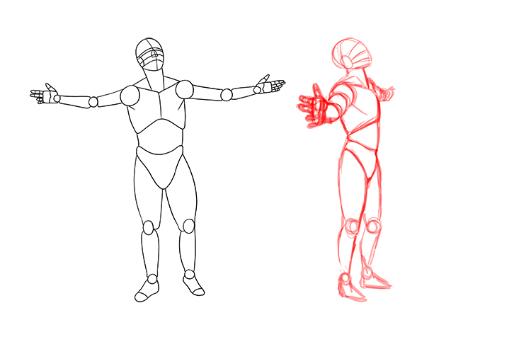 Once you're happy with the shapes, you can turn them to make the arms appear foreshortened.