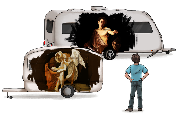 Caravans where people have had a go (Caravaggio) at painting religious stories on the side of their caravans.