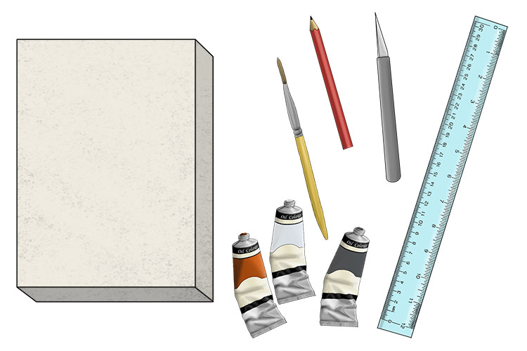 You will need a block of polystyrene foam, a ruler, a craft knife, a pencil and some paints
