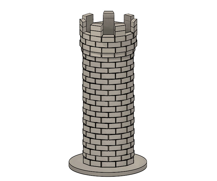 Now add a stack of two bricks onto every other brick on top of your tower to create your battlements
