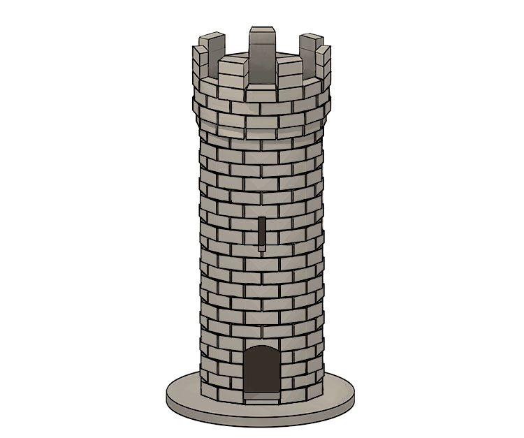 Using your knife, repeatedly go over the scored lines of the doorway and window until you have cut all the way through the wall of the tower. You will now be left with your finished model tower